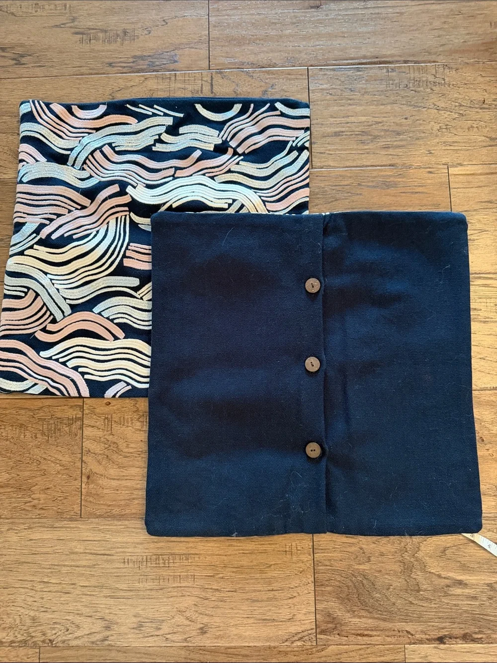 Set of 2 West Elm Navy Pillow Covers with Blush Pink and Cream Wave Pattern